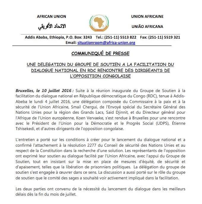 Communiqué de presse du Groupe de soutien pour la facilitation du dialogue national en RDC