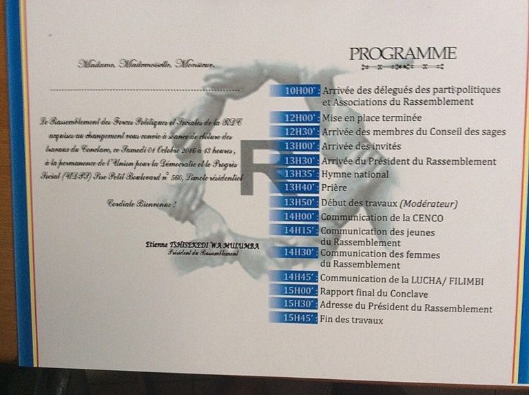 RAPPORT FINAL DES TRAVAUX DU CONCLAVE DU RASSEMBLEMENT DES FORCES POLITIQUES ET SOCIALES ACQUISES AU CHANGEMENT TENU A KINSHASA LE MARDI 4 OCTOBRE 2016