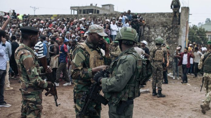 Des combattants du M23 lors d'un rassemblement au stade de l'Unité, à Goma, dans l'est de la RDC, le 6 février 2025. © ALEXIS HUGUET / AFP